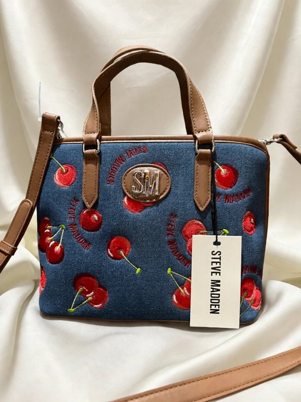 Steve Madden Cherry Print Denim Satchel NWT Red Cherries SM Medallion